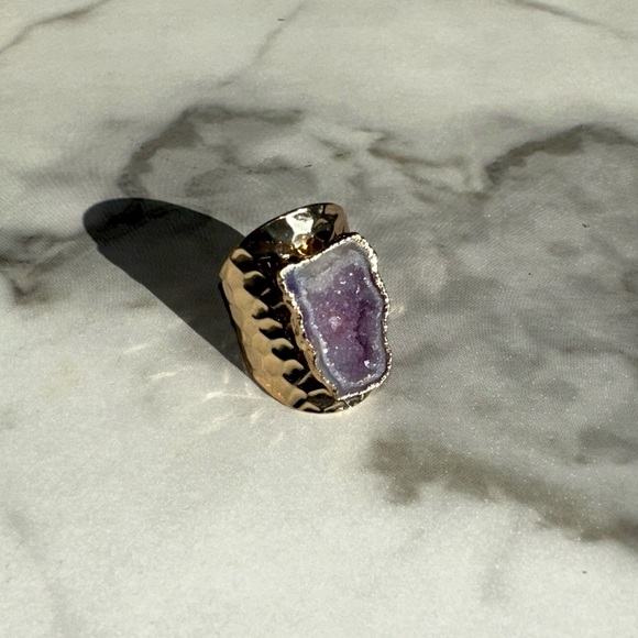 NEW Luxury Natural Stone Adjustable Crystal Irregular Geode Gold-plated Ring - Picture 2 of 9